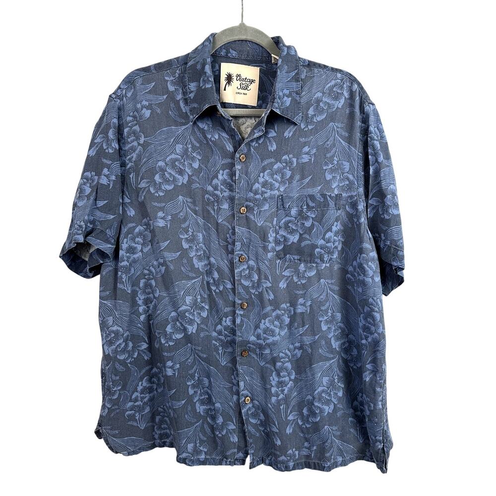 Vintage Silk Button Down Men's XL Washed Blue Short Sleeve Hawaiian Silk Linen